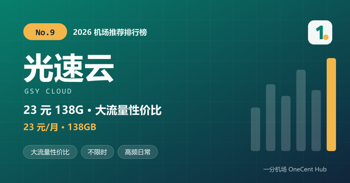 光速云机场推荐封面：2026 机场推荐排行榜第 9 名，23 元每月 138GB 大流量性价比